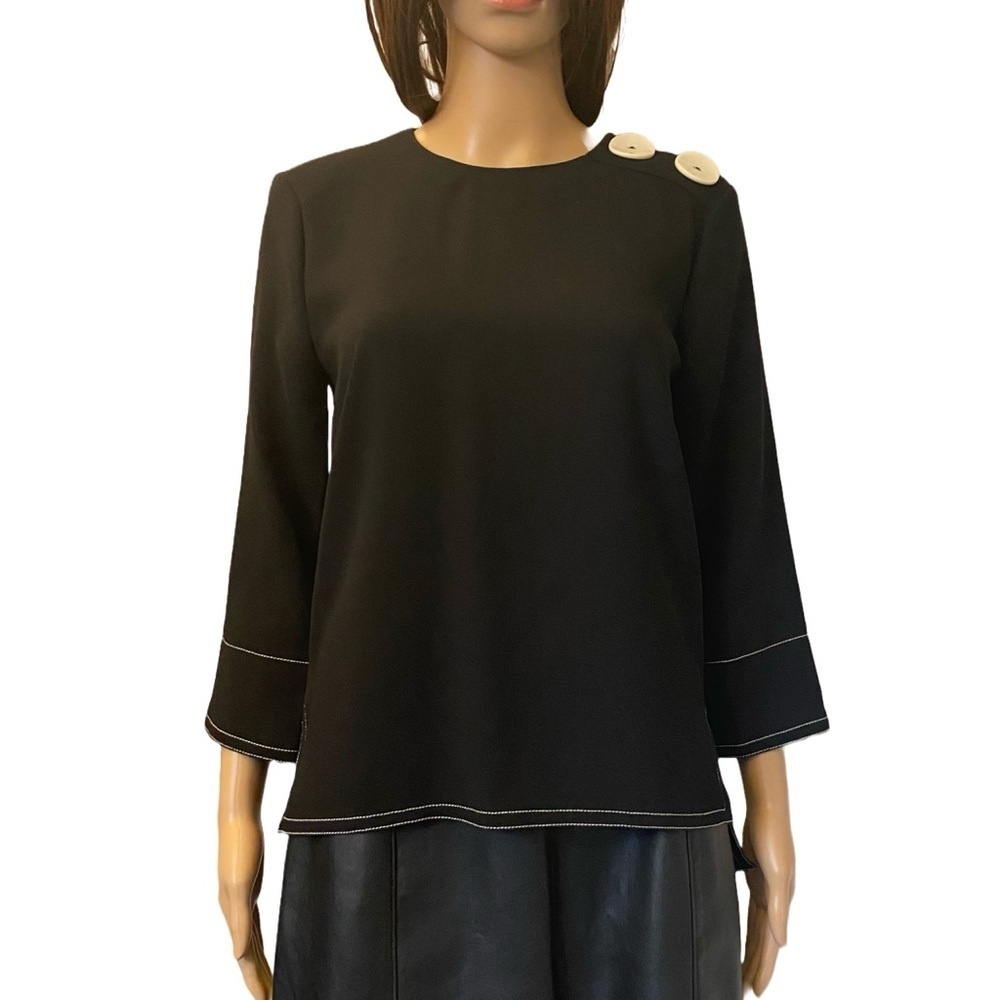 ZARA Women's Black w/ White Stitch Blouse Top Shoulder Buttons Size XS - NWT